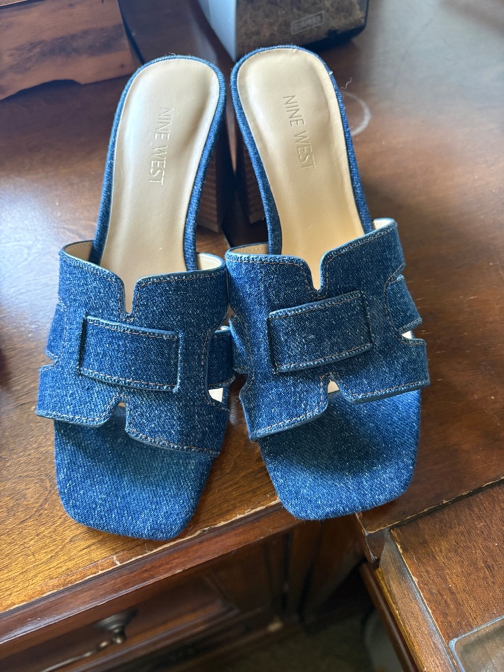 Nine West Denim Slide Mules in Dark Blue